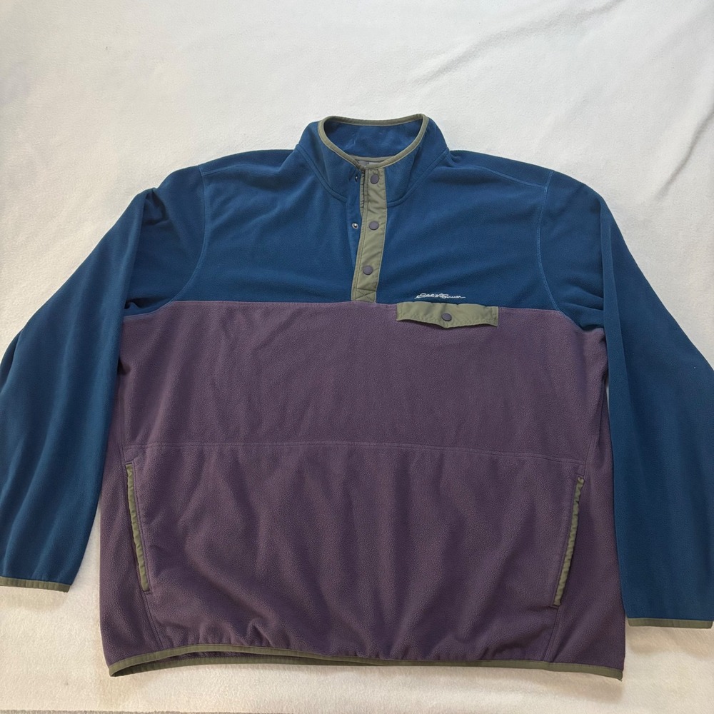 Eddie Bauer Mens 3XL Fleece Pullover Snap Mock Neck Colorblock Blue Purple 0844